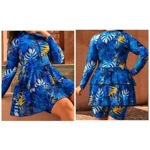 Blue Tropical Print Swim Set